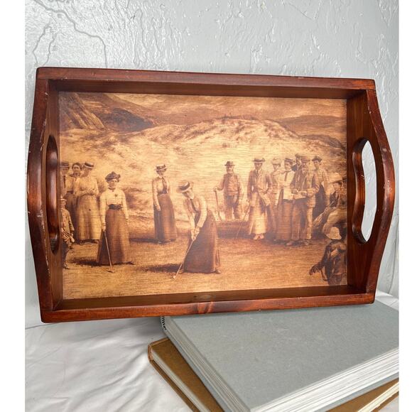 Vintage Wooden Tray Golf Scene Vintage Golf Playing Scene Rustic Traditional - Picture 1 of 9